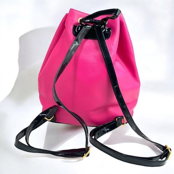 Juicy Couture Hot Pink & Black Drawstring Backpack Faux Patent Leather 12\